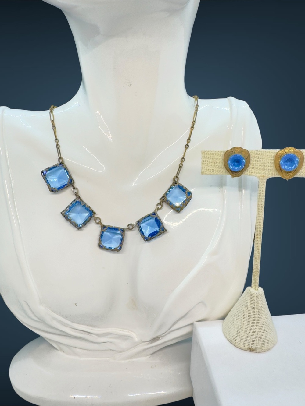 Vintage Art Deco Blue Czech Glass Necklace & Paired Screw Back Brass Earrings
